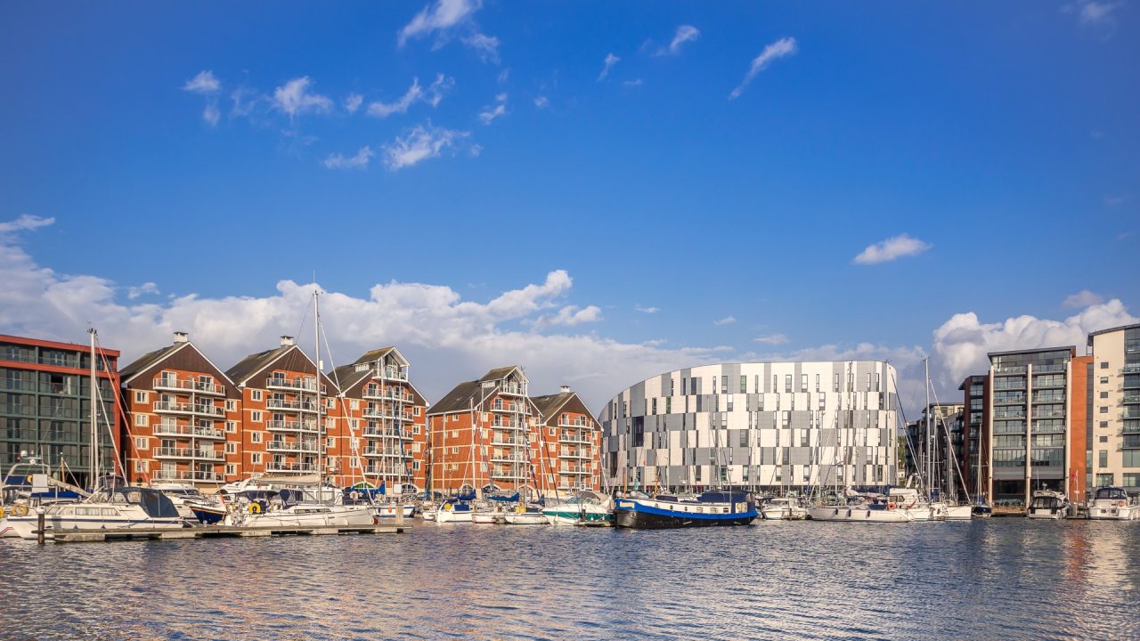 A view of the ipswich waterfront overlooking the University of Suffolk and its surrounding area.